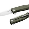 LionSteel Myto Stonewash M390 Drop Point Blade Green Aluminum Handle Front Side Open and Back Side Closed