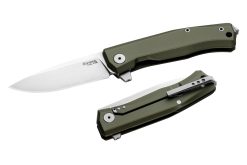 LionSteel Myto Stonewash M390 Drop Point Blade Green Aluminum Handle Front Side Open and Back Side Closed