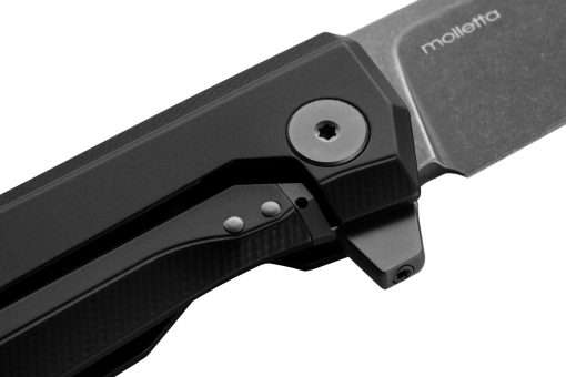 LionSteel Myto Old Black M390 Drop Point Blade Black Aluminum Handle Flipper Tab Close Up