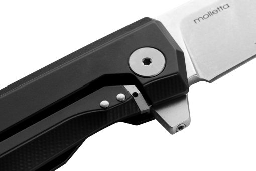 LionSteel Myto Stonewash M390 Drop Point Blade Black Aluminum Handle Flipper Tab Close Up