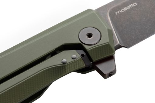 LionSteel Myto Old Black M390 Drop Point Blade Green Aluminum Handle Flipper Tab Close Up