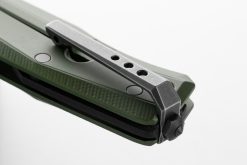 LionSteel Myto Old Black M390 Drop Point Blade Green Aluminum Handle Clip Close Up