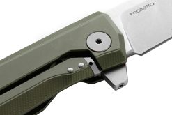 LionSteel Myto Stonewash M390 Drop Point Blade Green Aluminum Handle Flipper Tab Close Up