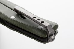 LionSteel Myto Stonewash M390 Drop Point Blade Green Aluminum Handle Clip Close Up
