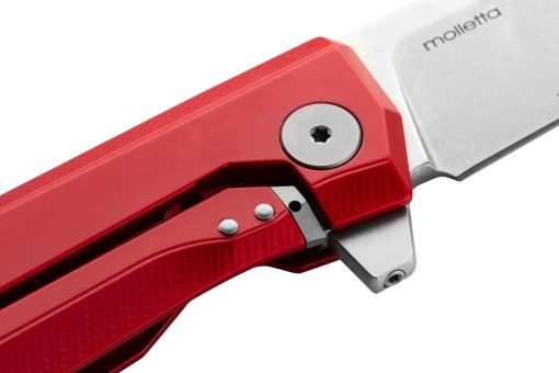 LionSteel Myto Stonewash M390 Drop Point Blade Red Aluminum Handle Flipper Tab Close Up