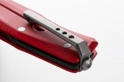 LionSteel Myto Stonewash M390 Drop Point Blade Red Aluminum Handle Clip Close Up