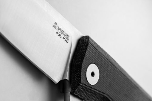LionSteel Myto Stonewash M390 Drop Point Blade Black Canvas Handle Blade Logo Close Up
