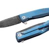 LionSteel Myto Scrambled Damascus Blade Blue Titanium Handle Front Side Open and Back Side Closed