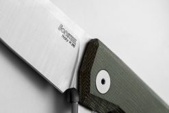 LionSteel Myto Stonewash M390 Drop Point Blade Green Canvas Handle Blade Close Up 2