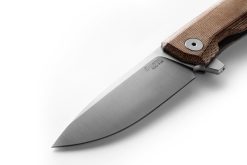 LionSteel Myto Stonewash M390 Drop Point Blade Natural Canvas Handle Blade Close Up
