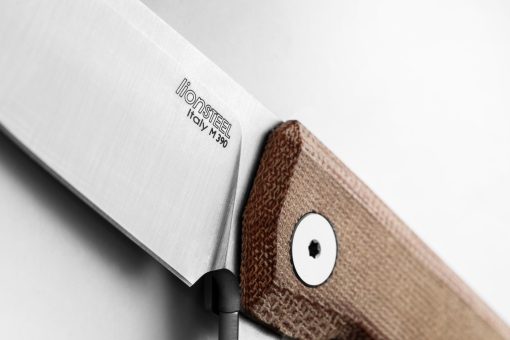 LionSteel Myto Stonewash M390 Drop Point Blade Natural Canvas Handle Blade Logo Close Up