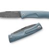 LionSteel Thrill Damascus Drop Point Blade Blue Titanium Handle Front Side Open and Back Side Closed