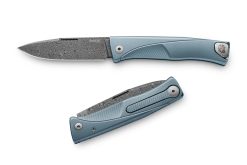 LionSteel Thrill Damascus Drop Point Blade Blue Titanium Handle Front Side Open and Back Side Closed