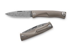 LionSteel Thrill Damascus Drop Point Blade Grey Titanium Handle Front Side Open and Back Side Closed
