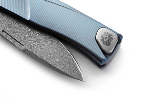 LionSteel Thrill Damascus Drop Point Blade Blue Titanium Handle Blade Tip Close Up