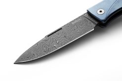LionSteel Thrill Damascus Drop Point Blade Blue Titanium Handle Blade Close Up