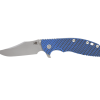 a Hinderer XM-24 4" 20CV Bowie Blade Blue Black G-10 Working Finish Handle on a white background.