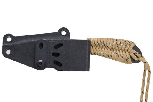 White River M1 Backpacker Black IONBOND S30VN Blade Desert Camo Paracord Handle Front Side Sheathed