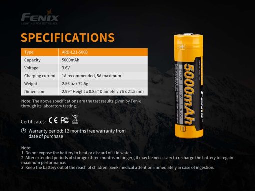 Fenix ARB-L21-5000 Rechargeable Li-ion 21700 Battery - 5000mAh Infographic 3 Specifications