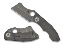 Spyderco Stovepipe Stonewash 20CV Cleaver Blade Grey Titanium Handle Front Side Open and Back Side Closed