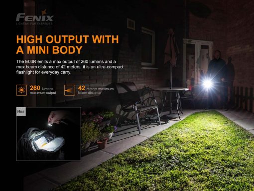 Fenix E03R Grey Keychain Flashlight - 260 Lumens Infographic Output
