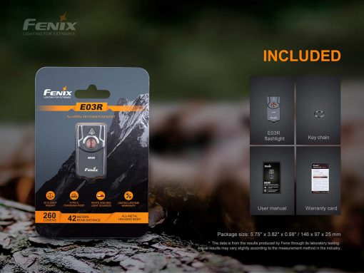 Fenix E03R Grey Keychain Flashlight - 260 Lumens Infographic Box Contents