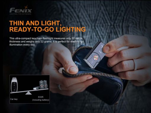 Fenix E03R Grey Keychain Flashlight - 260 Lumens Infographic SIze