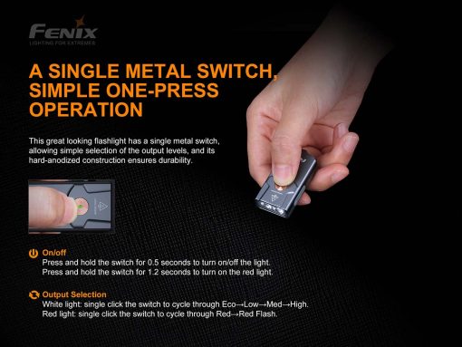 Fenix E03R Grey Keychain Flashlight - 260 Lumens Infographic Switch