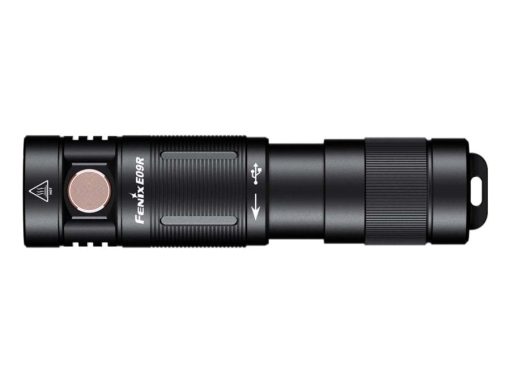 Fenix E09R Rechargable Black Flashlight - 600 Lumens Front Side Horizontal