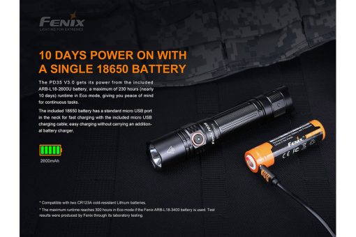 Fenix PD35 V3.0 Black Flashlight - 1700 Lumens Infographic 6 Battery