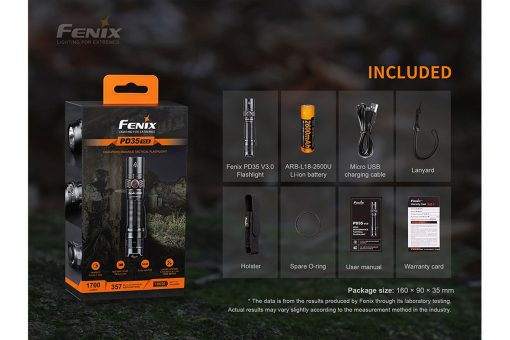 Fenix PD35 V3.0 Black Flashlight - 1700 Lumens Infographic 11 Box Contents