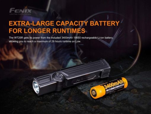 Fenix WT25R Adjustable Head Black Flashlight - 1000 Lumens Infographic Battery Capacity
