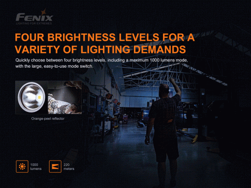 Fenix WT25R Adjustable Head Black Flashlight - 1000 Lumens Infographic Brightness Levels