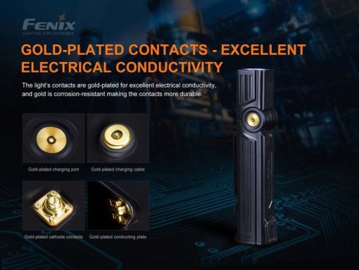 Fenix WT25R Adjustable Head Black Flashlight - 1000 Lumens Infographic Gold Contacts