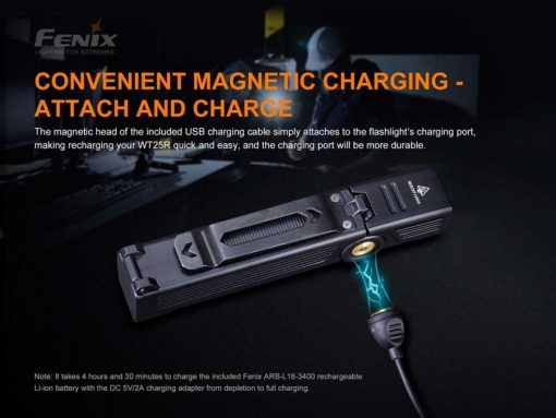 Fenix WT25R Adjustable Head Black Flashlight - 1000 Lumens Infographic Magnetic Charging