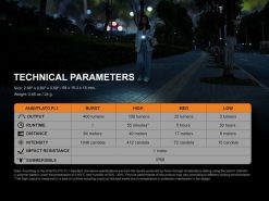 Fenix E05R Brown Keychain Flashlight - 400 Lumens Infographic Technical Parameters