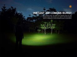 Fenix E05R Brown Keychain Flashlight - 400 Lumens Infographic Burst