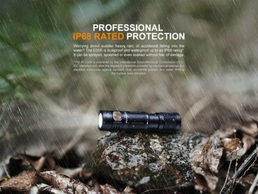 Fenix E05R Brown Keychain Flashlight - 400 Lumens Infographic IP68 Rated