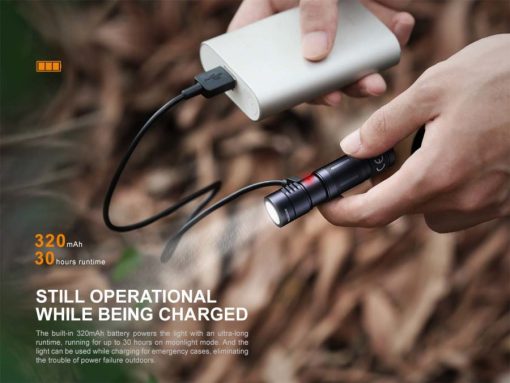 Fenix E05R Brown Keychain Flashlight - 400 Lumens Infographic Charging