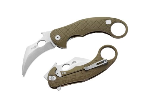 Lionsteel L.E. One Stonewash CPM-MagnaCut Karambit Blade Green Aluminum Handle Front Side Open and Back Side Closed