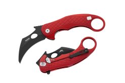 Lionsteel L.E. One Chemical Black CPM-MagnaCut Karambit Blade Red Aluminum Handle Front Side Open and Back Side Closed