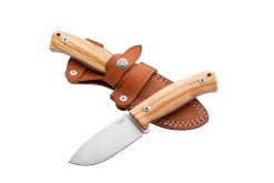 Lionsteel M2M Satin M390 Drop Point Fixed Blade Olive Wood Handle Front Side and Back Side In Sheath