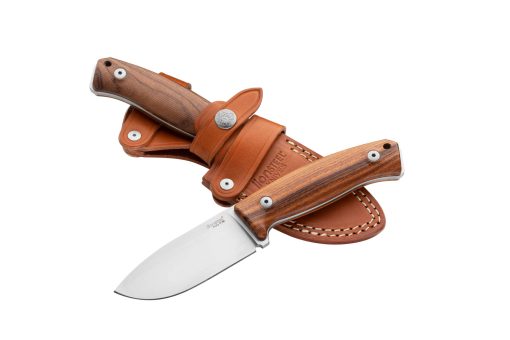 Lionsteel M2M Satin M390 Drop Point Fixed Blade Santos Wood Handle Front Side and Back Side Sheathed