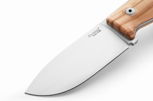 Lionsteel M2M Satin M390 Drop Point Fixed Blade Olive Wood Handle Blade Close Up