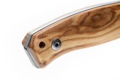 Lionsteel M2M Satin M390 Drop Point Fixed Blade Olive Wood Handle Lanyard Hole Close Up