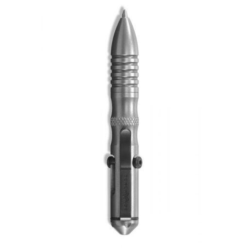 Benchmade 1121 Shorthand AXIS Bolt-Action Pen Satin 303 Stainless Steel Handle - Black Ink Clip Side Vertical Open