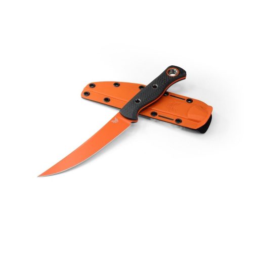 Benchmade Meatcrafter Orange CPM-S45VN Trailing Point Fixed Blade Carbon Fiber Handle Front Side DIagonal With Sheath