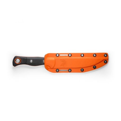 Benchmade Meatcrafter Orange CPM-S45VN Trailing Point Fixed Blade Carbon Fiber Handle Back Side In Sheath