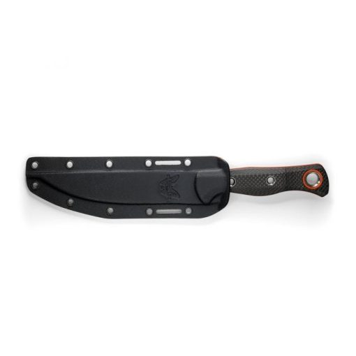 Benchmade Meatcrafter Orange CPM-S45VN Trailing Point Fixed Blade Carbon Fiber Handle Front Side In Sheath