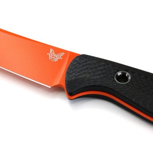 Benchmade Meatcrafter Orange CPM-S45VN Trailing Point Fixed Blade Carbon Fiber Handle Blade Logo Close Up